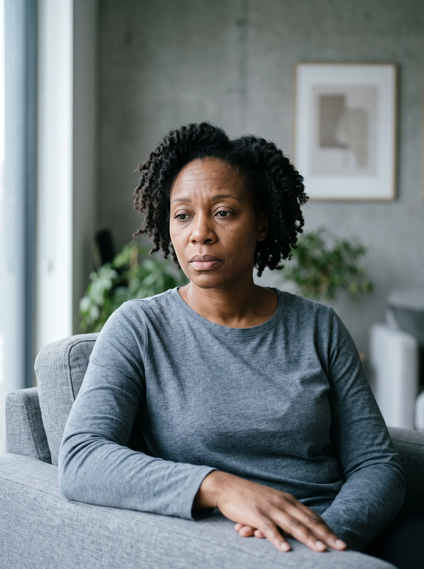 Black woman with coils, heavy and low in a modern living room