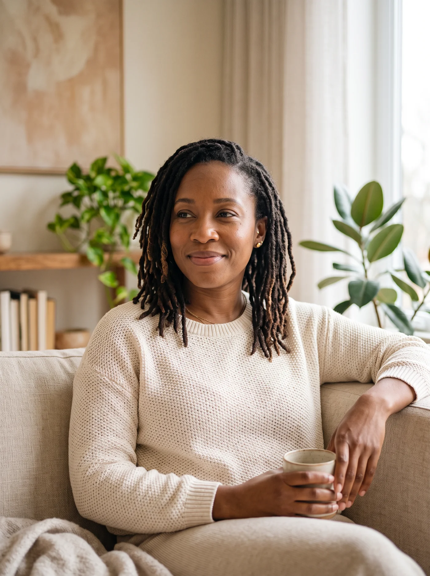 Black woman with locs resting and finally at peace in a warm modern living room