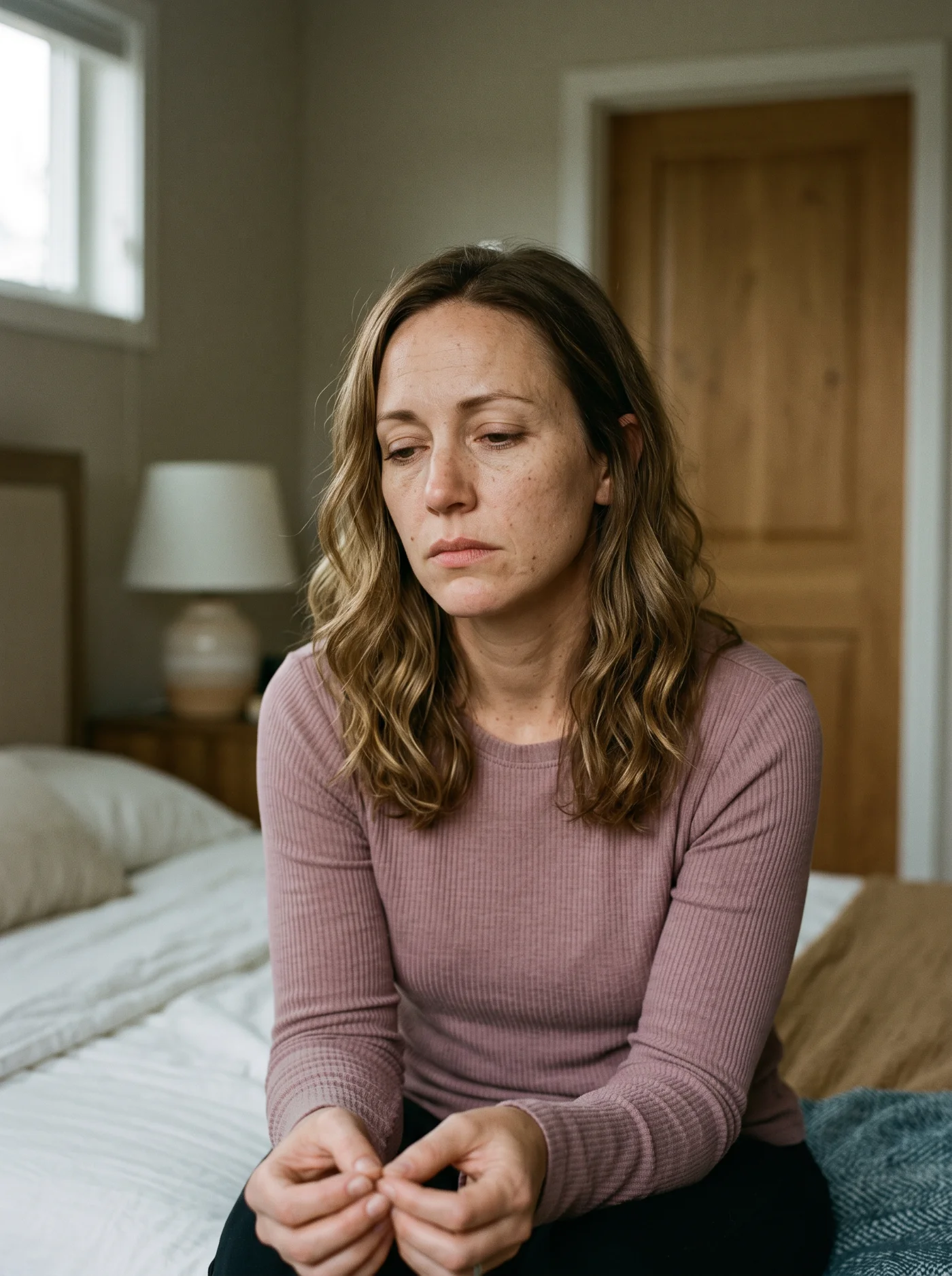 Woman looking sad and weary in a quiet modern bedroom