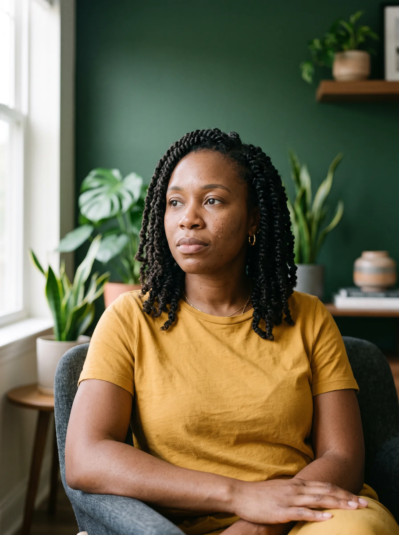 Young Black woman with passion twists, reflective and quietly weary in a modern room