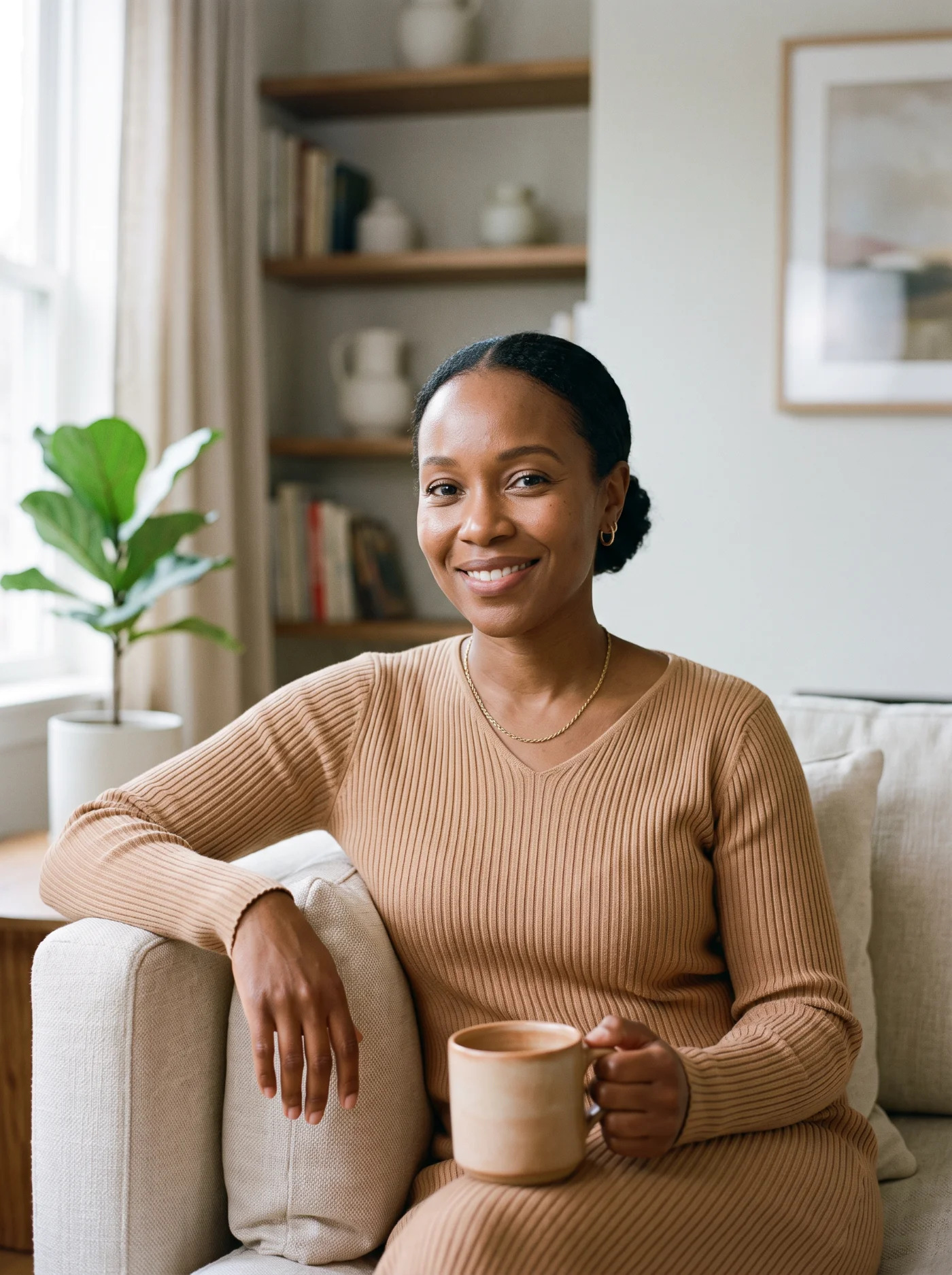 Black woman resting on a couch in a modern living room, serene and at peace