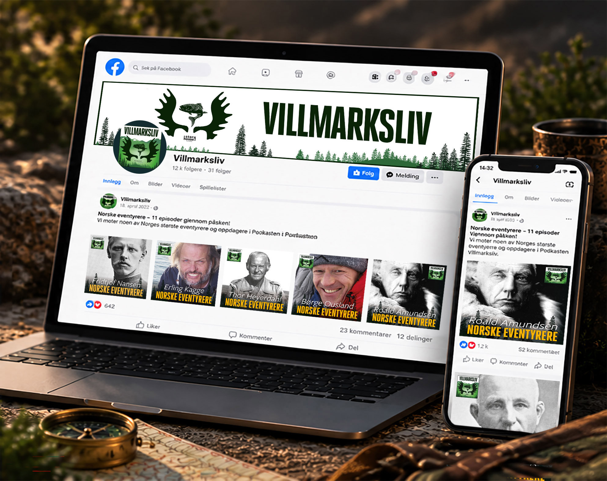 Digital markedsføring for Villmarksliv-podkasten Norske eventyrere. Facebook-kampanje vist på Mac og mobil med annonser av norske villmarkinger.