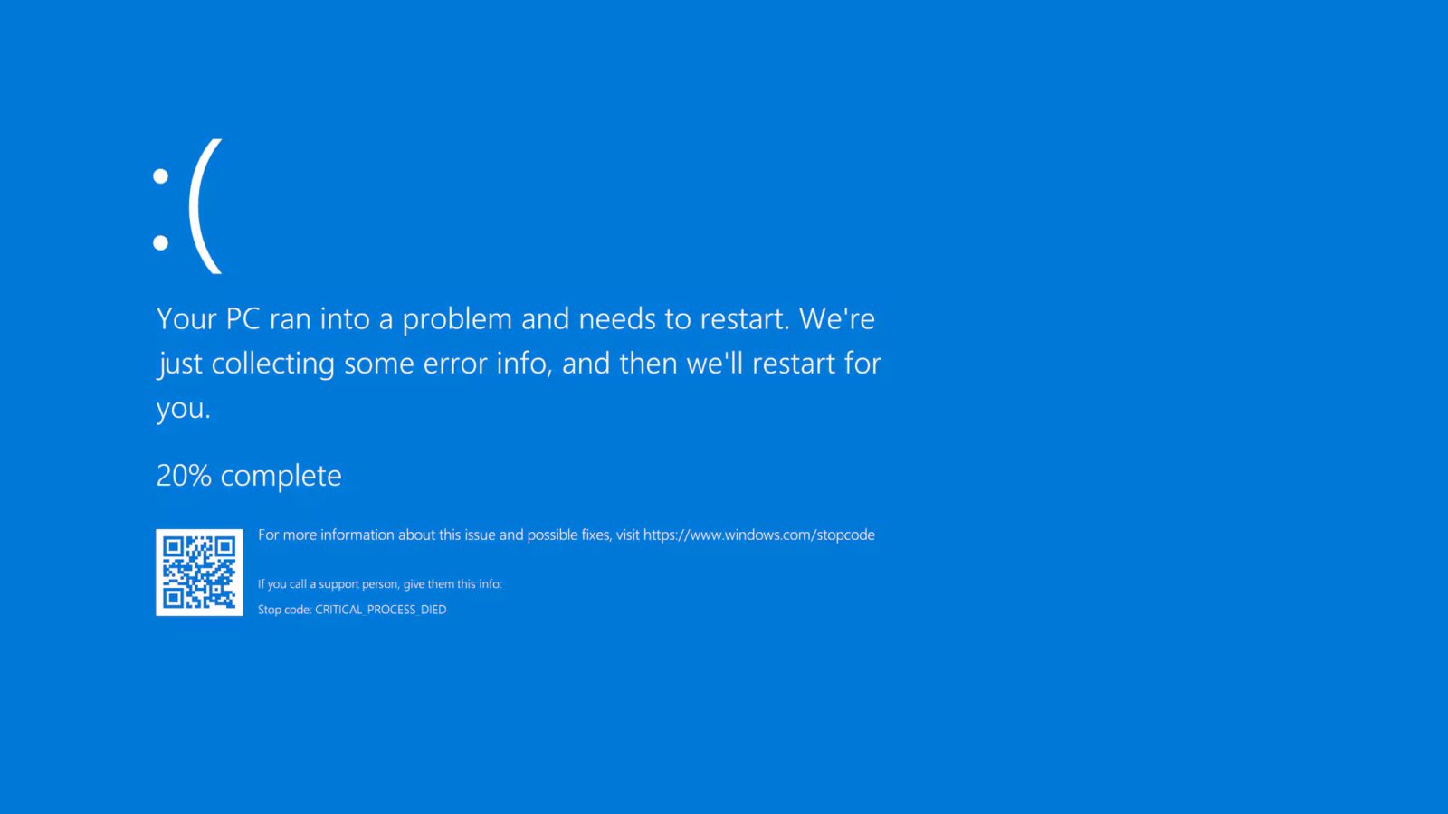 Écran bleu de Windows avec le visage triste et le message d'erreur