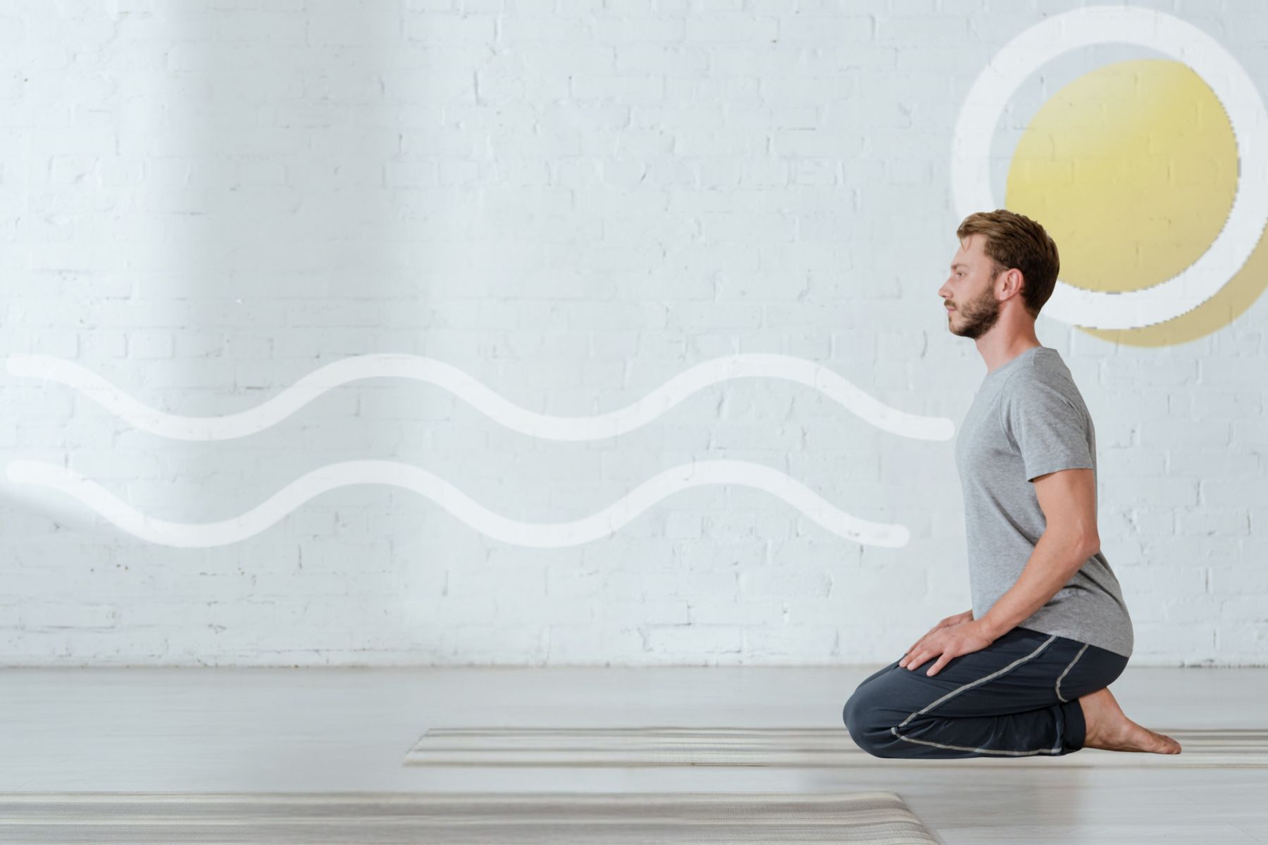 The Wellness Reeset wave-and-sun artwork with an editorial photograph.