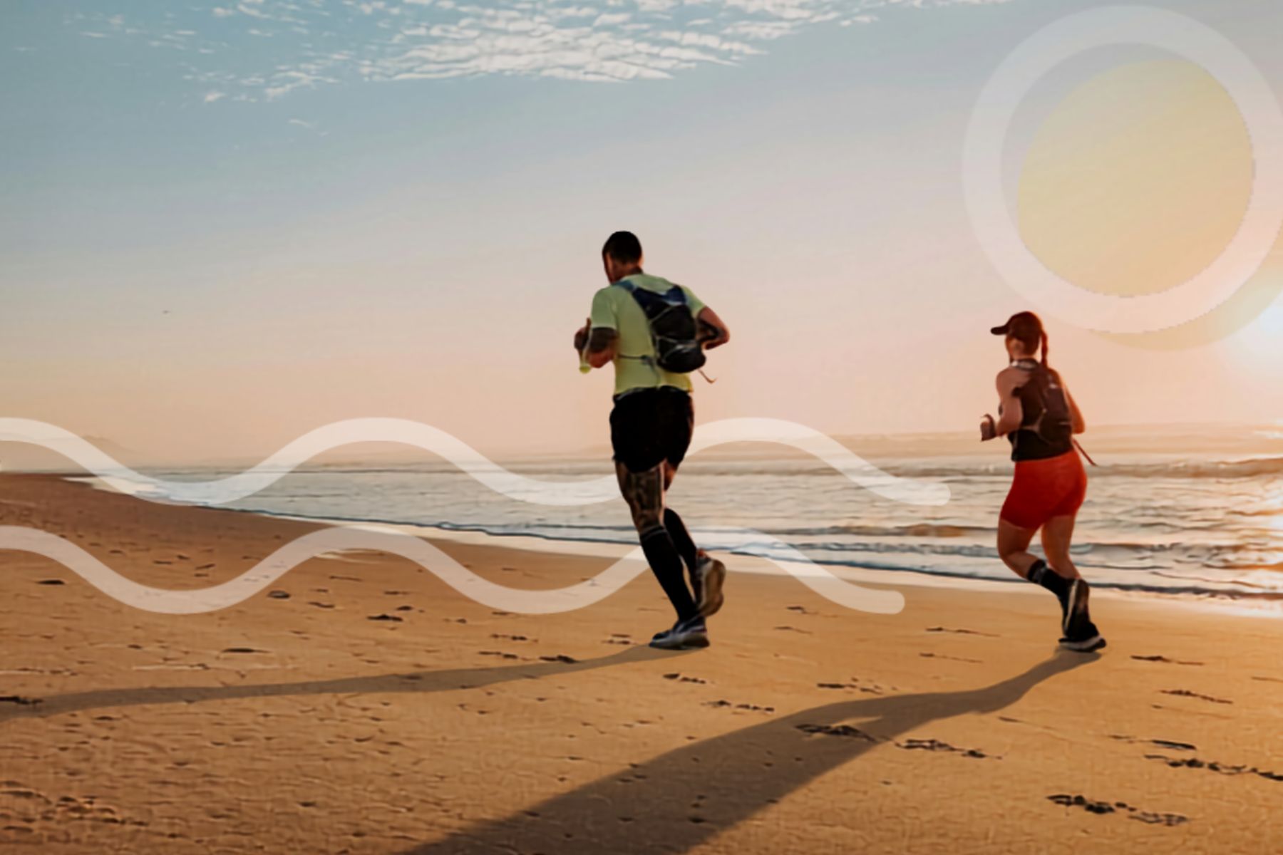 The Wellness Reeset wave-and-sun artwork with an editorial photograph.