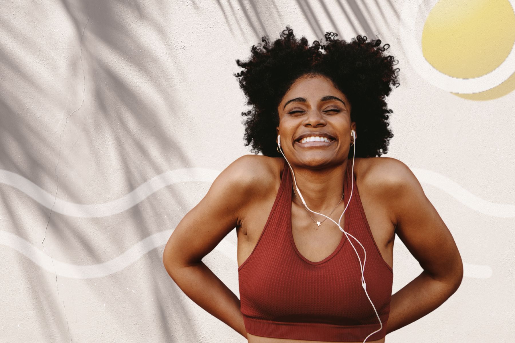 The Wellness Reeset wave-and-sun artwork with an editorial photograph.