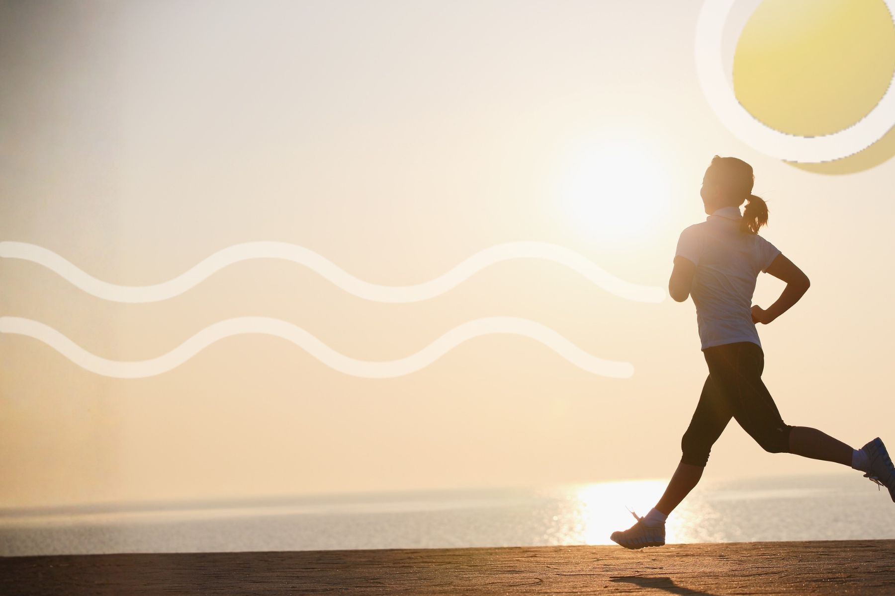 The Wellness Reeset wave-and-sun artwork with an editorial photograph.