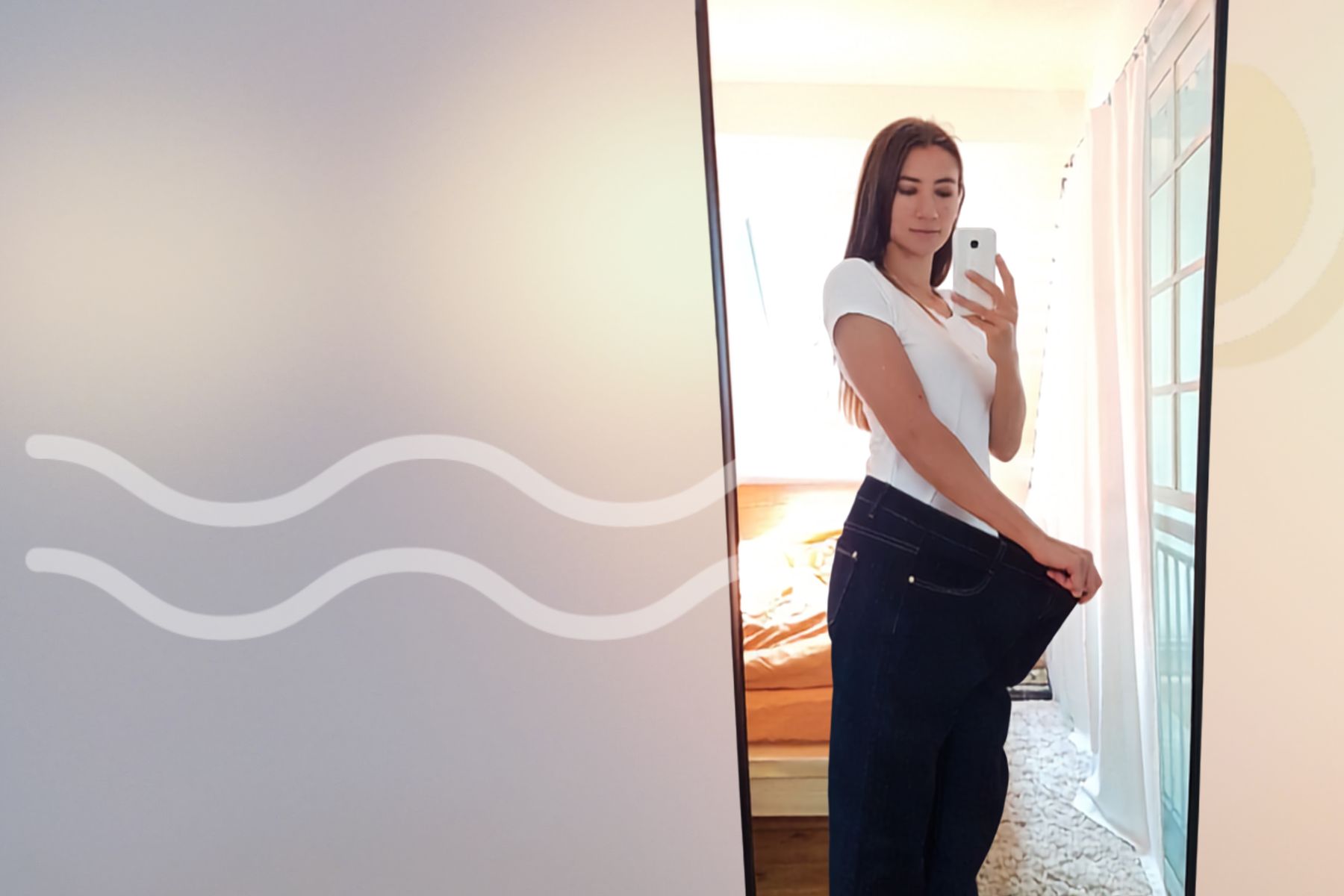 The Wellness Reeset wave-and-sun artwork with an editorial photograph.