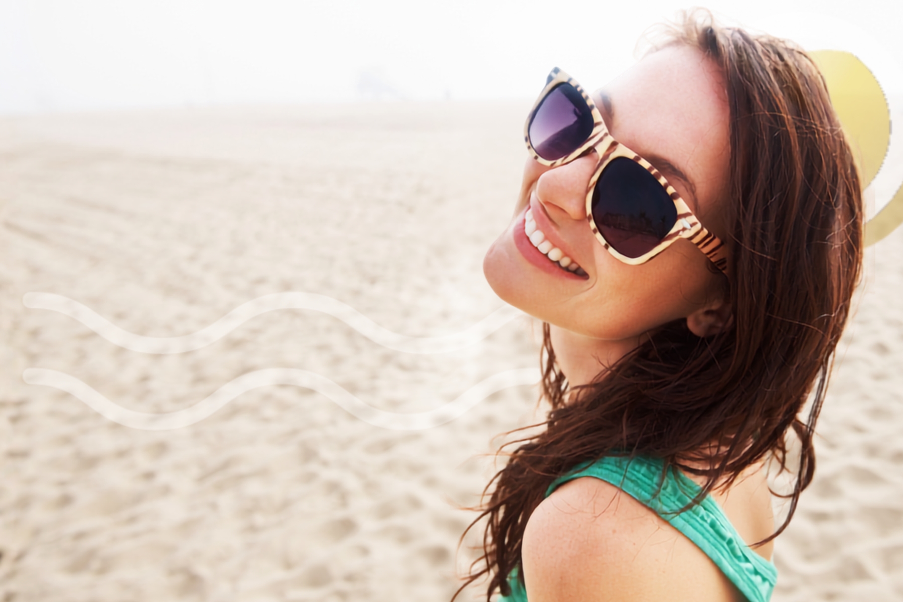 The Wellness Reeset wave-and-sun artwork with an editorial photograph.
