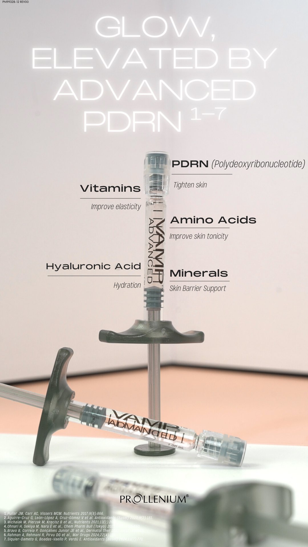 Prollenium product graphic for VAMP Advanced, listing PDRN, vitamins, amino acids, hyaluronic acid and minerals.