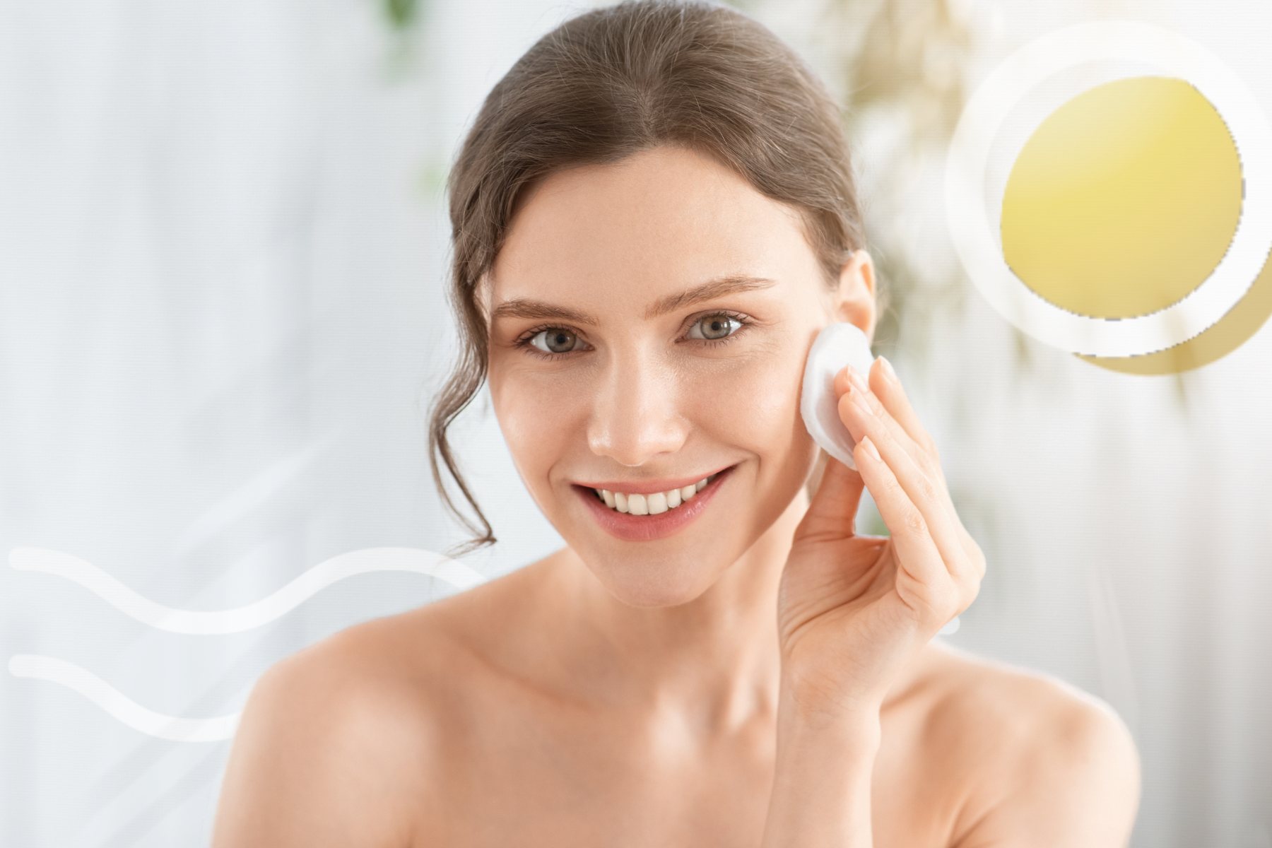 Smiling woman touching a cotton pad to her cheek, with The Wellness Reeset wave-and-sun artwork (lifestyle image, not a patient result).