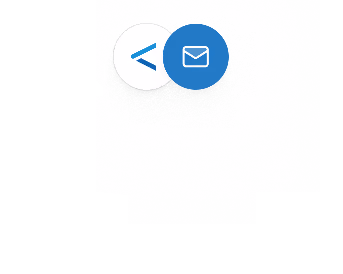 Two overlapping circular icons: a white circle with a blue less-than symbol on the left, and a blue circle with a white envelope symbol on the right.