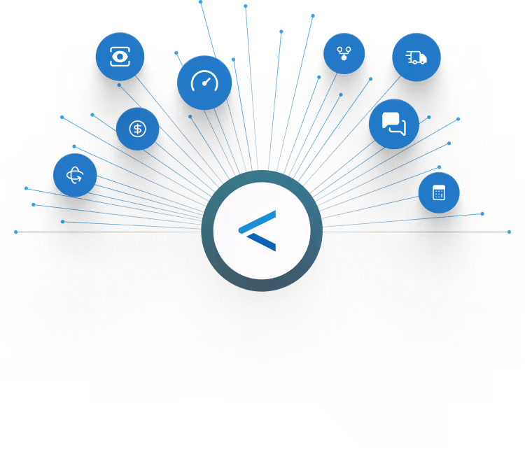 Central circle with a stylized arrow icon connected by lines to eight surrounding blue circles, each showing different icons: an eye, speedometer, network nodes, delivery truck, chat bubbles, calculator, currency symbol, and a target arrow.