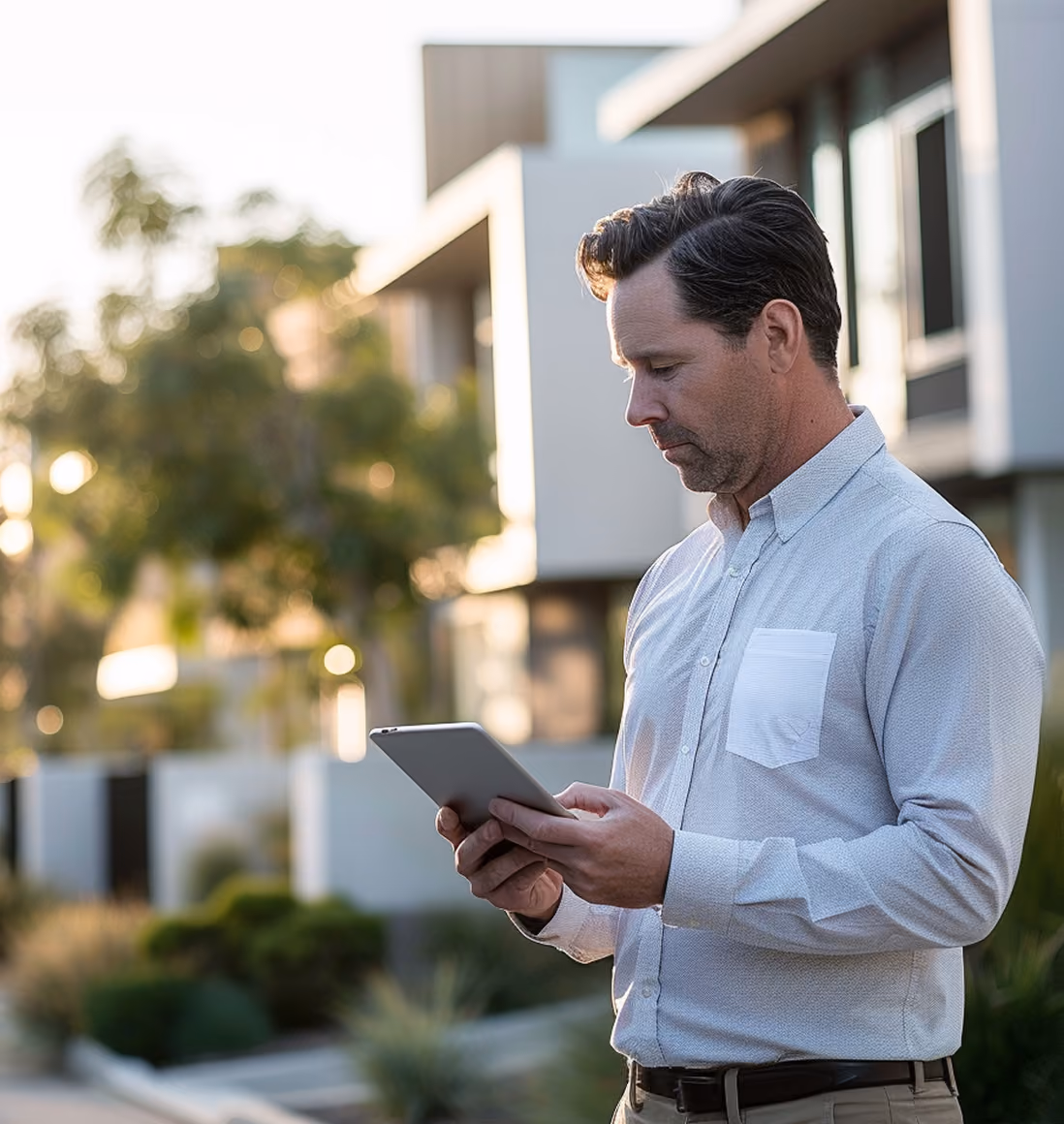 A man in a light-colored button-up shirt stands outdoors near modern buildings, focused on using a tablet in his hands.