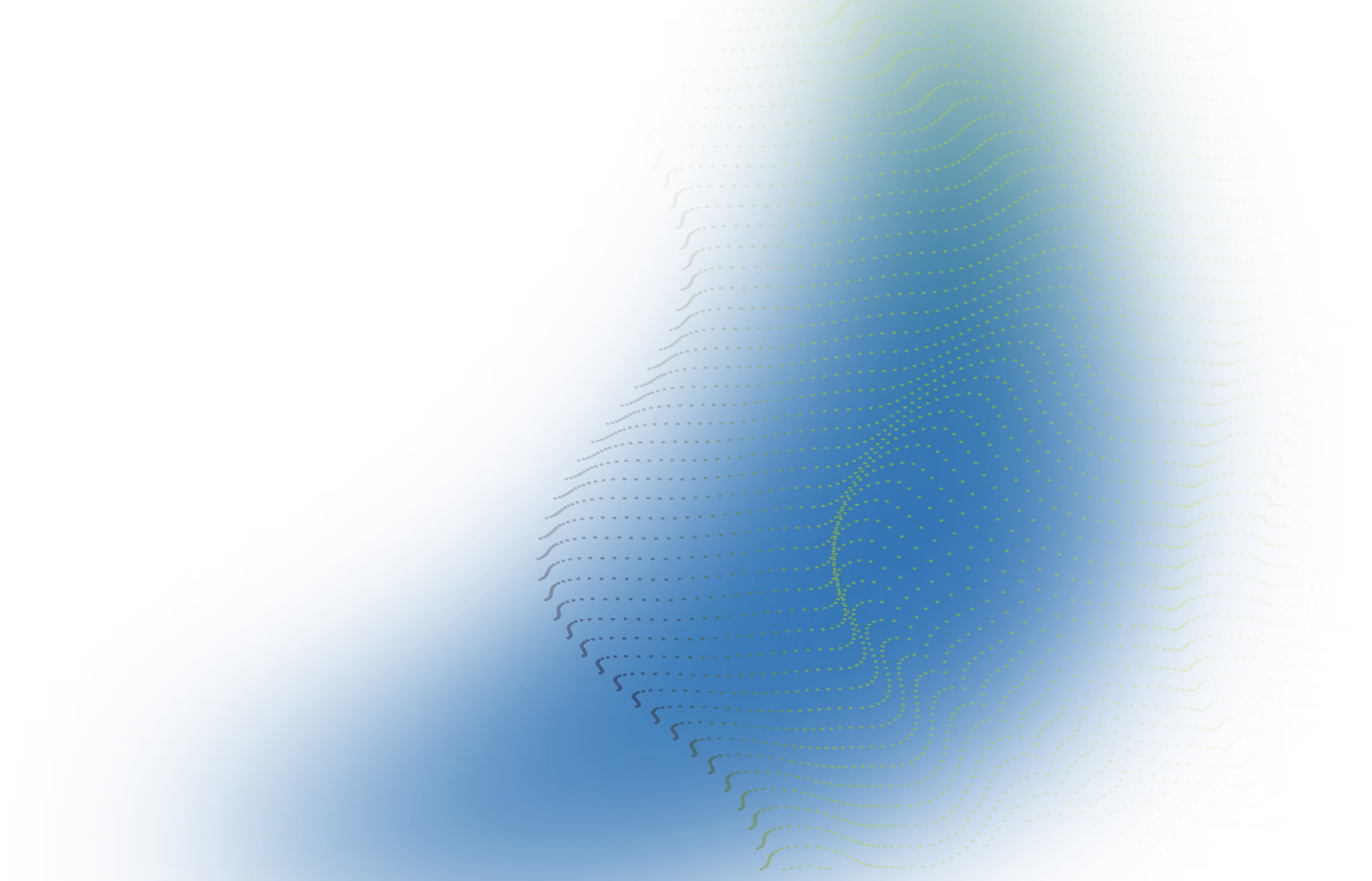 Abstract digital design with a gradient of blue and green dots forming a wave-like pattern on a black background.