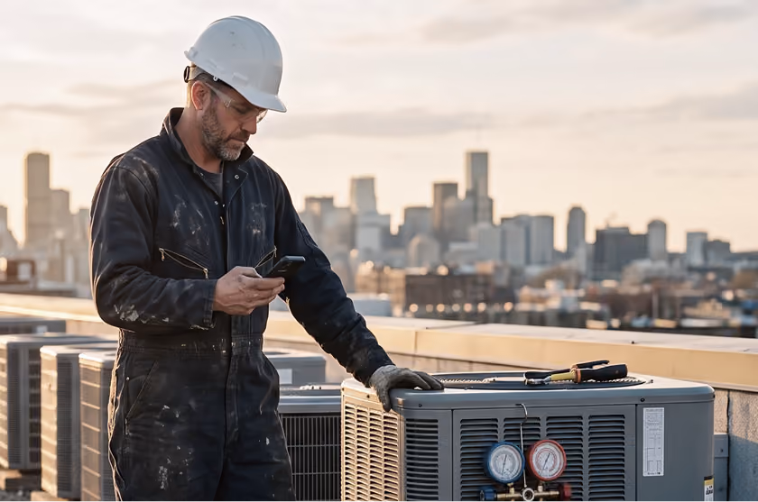 Worker wearing a white hard hat and black coveralls stands on a rooftop next to an HVAC unit, checking his phone with a city skyline in the background.
