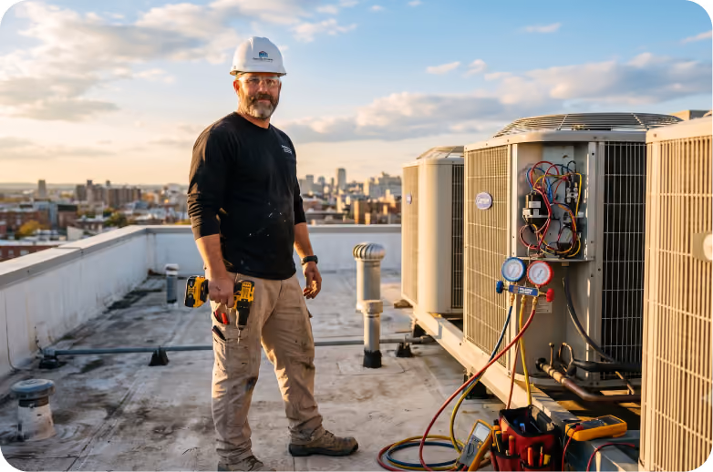 HVAC technician wearing a white hard hat and holding a power drill stands on a rooftop next to air conditioning units and diagnostic gauges under a partly cloudy sky.