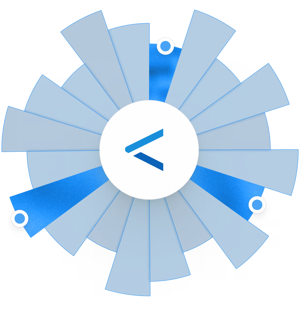 Blue circular radial chart with varying bar lengths arranged around a white central circle containing a stylized less-than symbol.