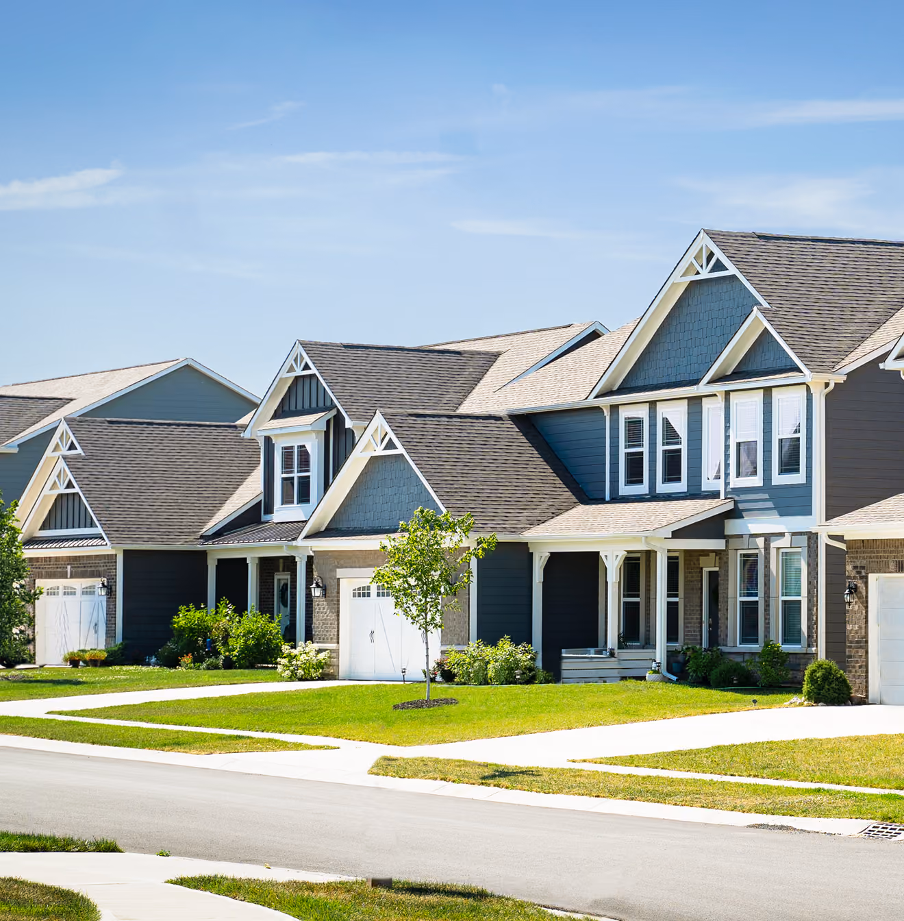 Row of modern suburban houses with gray siding, white trim, and steep gabled roofs under a clear blue sky, with green lawns and young trees in front.