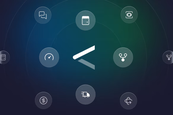 Abstract circular interface with white technology and communication icons including speech bubbles, calculator, phone, speedometer, hierarchical nodes, dollar sign, delivery truck, and globe interconnected on a dark gradient background.
