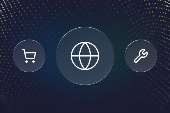 Three circular icons on a dark background with dotted decorative pattern: a shopping cart icon on the left, a globe icon in the center, and a wrench icon on the right.