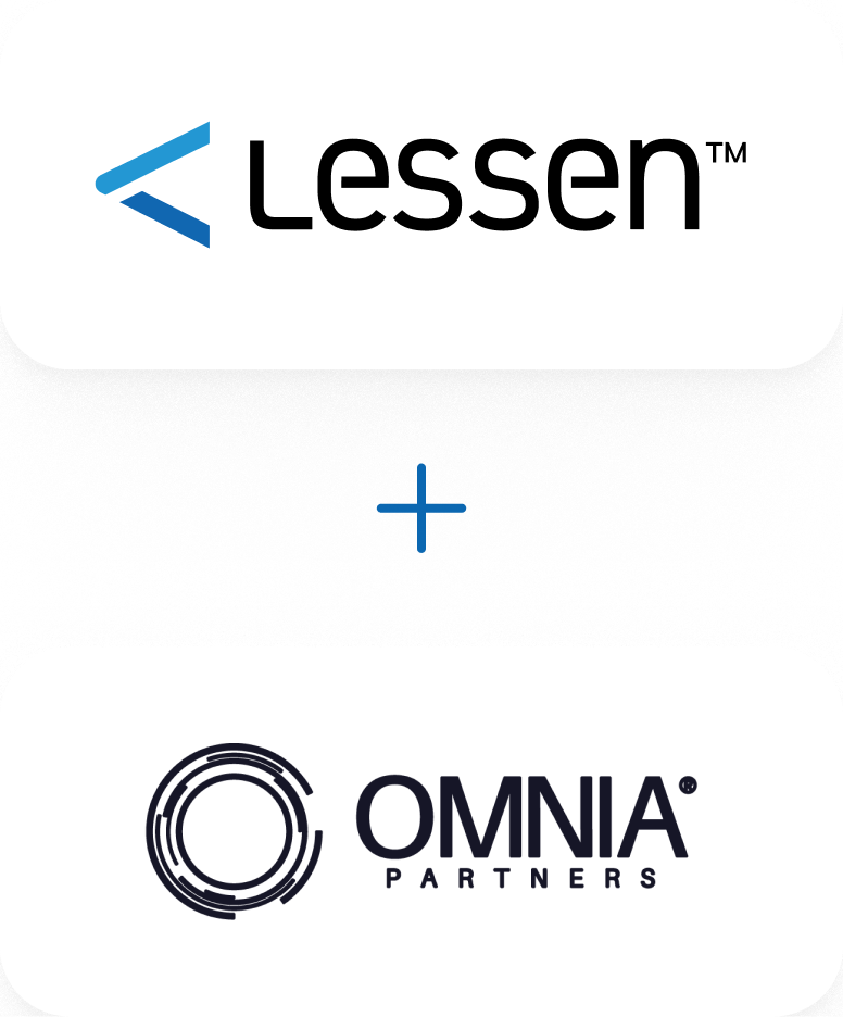 Logos of Lessen and OMNIA Partners with a blue plus sign between them, indicating a partnership or integration.