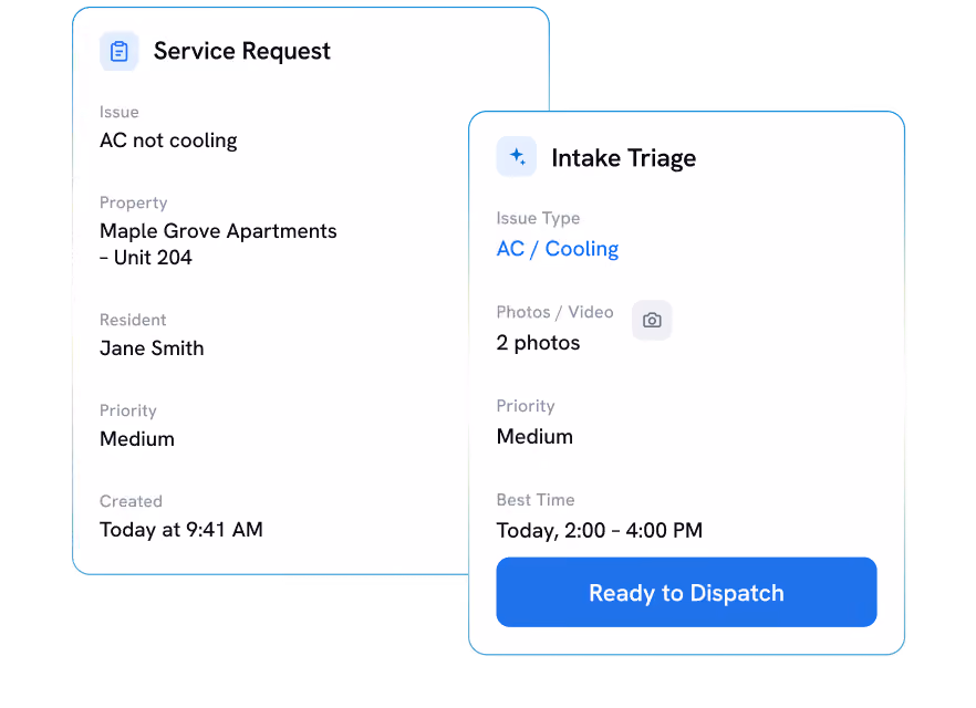 Two adjacent service interface cards: one titled Service Request shows an AC cooling issue at Maple Grove Apartments Unit 204 by resident Jane Smith with medium priority created at 9:41 AM today; the other titled Intake Triage shows issue type AC / Cooling with 2 photos, medium priority, best time for service today between 2:00 and 4:00 PM, and a blue button labeled Ready to Dispatch.