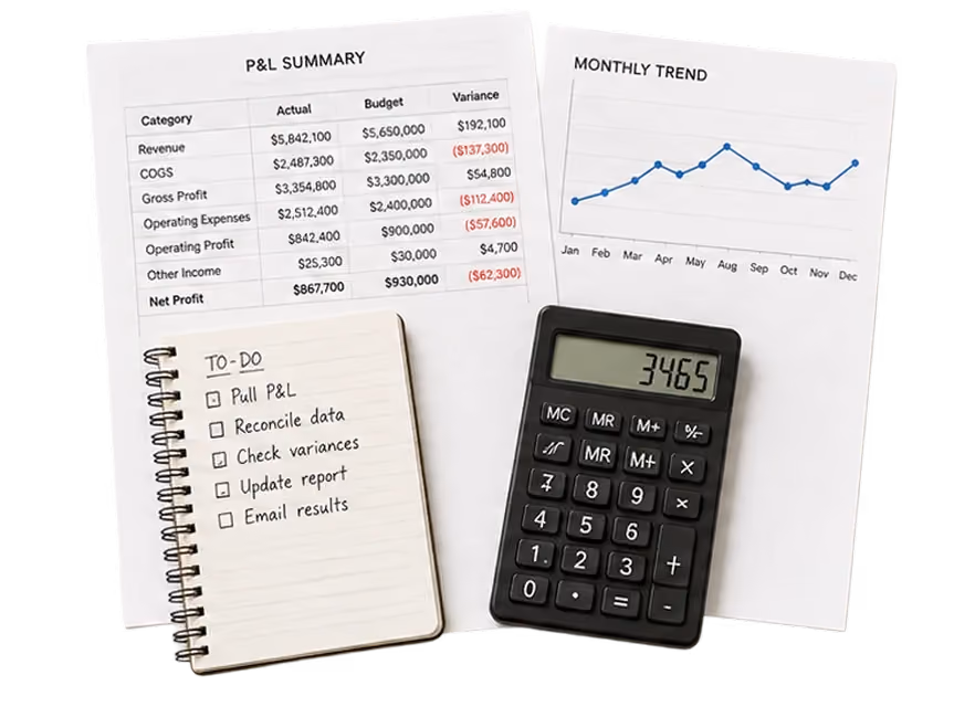 Financial documents showing a P&L summary table with categories like Revenue, COGS, Gross Profit, and variances, a monthly trend line graph from January to December, a notebook with a to-do list including Pull P&L, Reconcile data, Check variances, Update report, Email results, and a calculator displaying 3465.