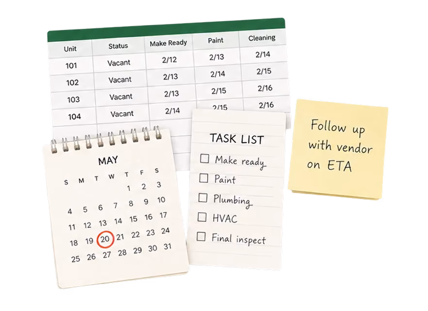 A workspace display showing a chart with unit cleaning status and dates, a May calendar with the 20th circled in red, a task list with items make ready, paint, plumbing, HVAC, and final inspect, and a yellow sticky note reading 'Follow up with vendor on ETA.'