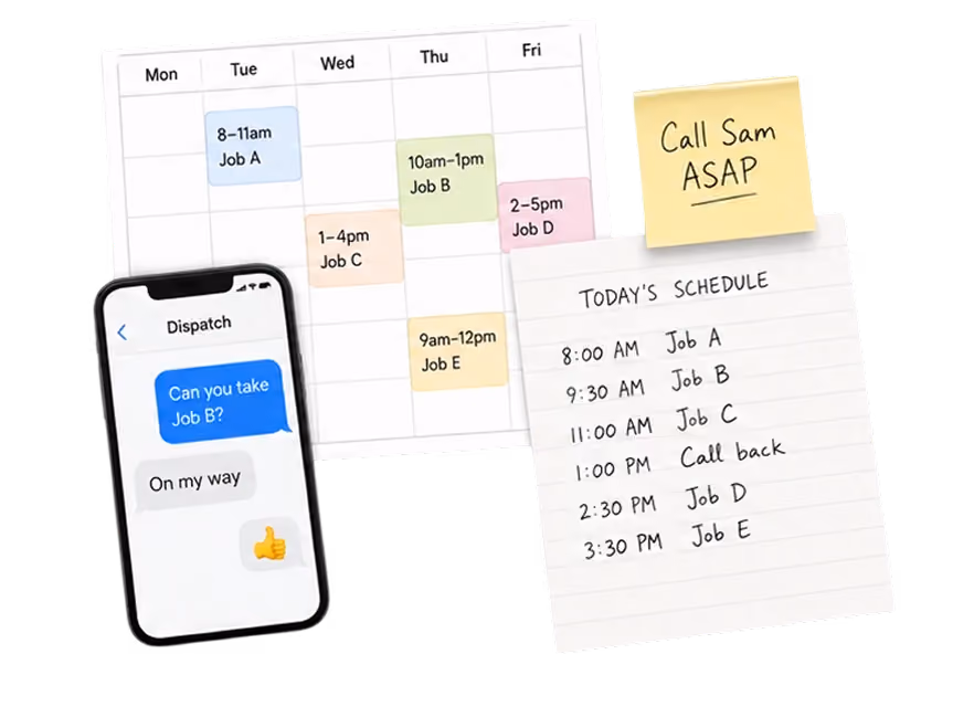 A work schedule overview including a weekly calendar showing Job A to Job E at various times from Monday to Friday, a smartphone screen displaying a text conversation about taking Job B with a thumbs-up response, a handwritten note listing today's schedule with times for jobs and a callback, and a sticky note saying 'Call Sam ASAP'.