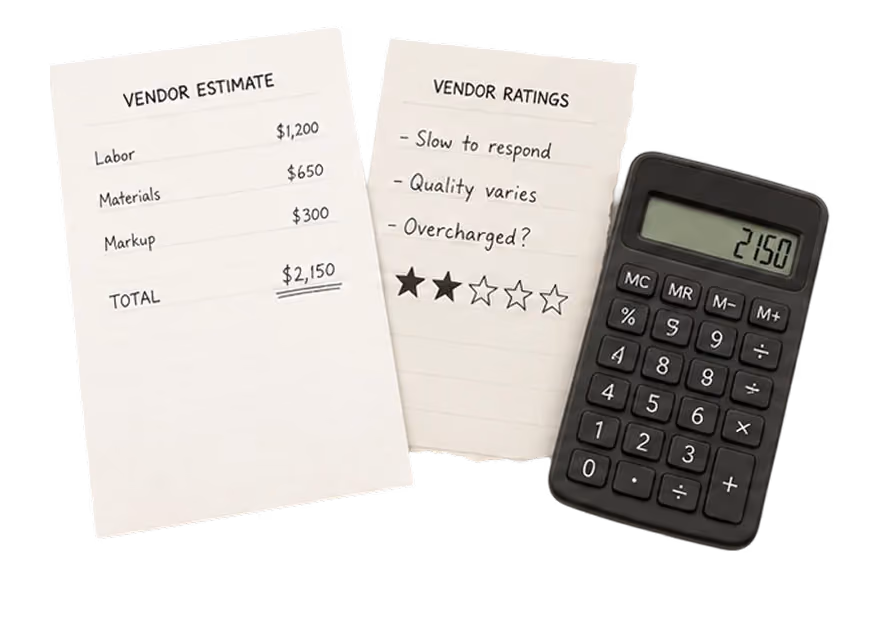 Two notes and a calculator showing a vendor estimate and vendor ratings. The estimate lists labor $1,200, materials $650, markup $300, total $2,150. The ratings note says: slow to respond, quality varies, overcharged? with a two-star rating out of five.