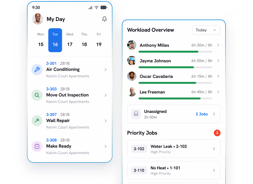 Two mobile app screens displaying a task management interface: The left screen shows 'My Day' with tasks for Tuesday 16 including Air Conditioning, Move Out Inspection, Wall Repair, and Make Ready at Kelvin Court Apartments. The right screen shows a Workload Overview for today with four workers (Anthony Milles, Jayme Johnson, Oscar Cavalleria, Lee Freeman) and their hours worked out of 8-hour shifts, plus unassigned jobs with a 2-hour total, and a list of three priority jobs: Water Leak 2-102, No Heat 1-101.
