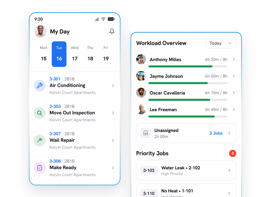 Screenshot of a mobile app showing two panels: The left panel titled 'My Day' lists tasks for Tuesday, 16th, including Air Conditioning, Move Out Inspection, Wall Repair, and Make Ready, each tied to Kelvin Court Apartments. The right panel is a Workload Overview with four employees—Anthony Milles, Jayme Johnson, Oscar Cavalleria, Lee Freeman—showing hours worked out of 8 hours with green progress bars, and an unassigned section with 2 jobs totaling 2 hours. Below is a Priority Jobs list with Water Leak 2-102 and No Heat 1-101 labeled high priority.