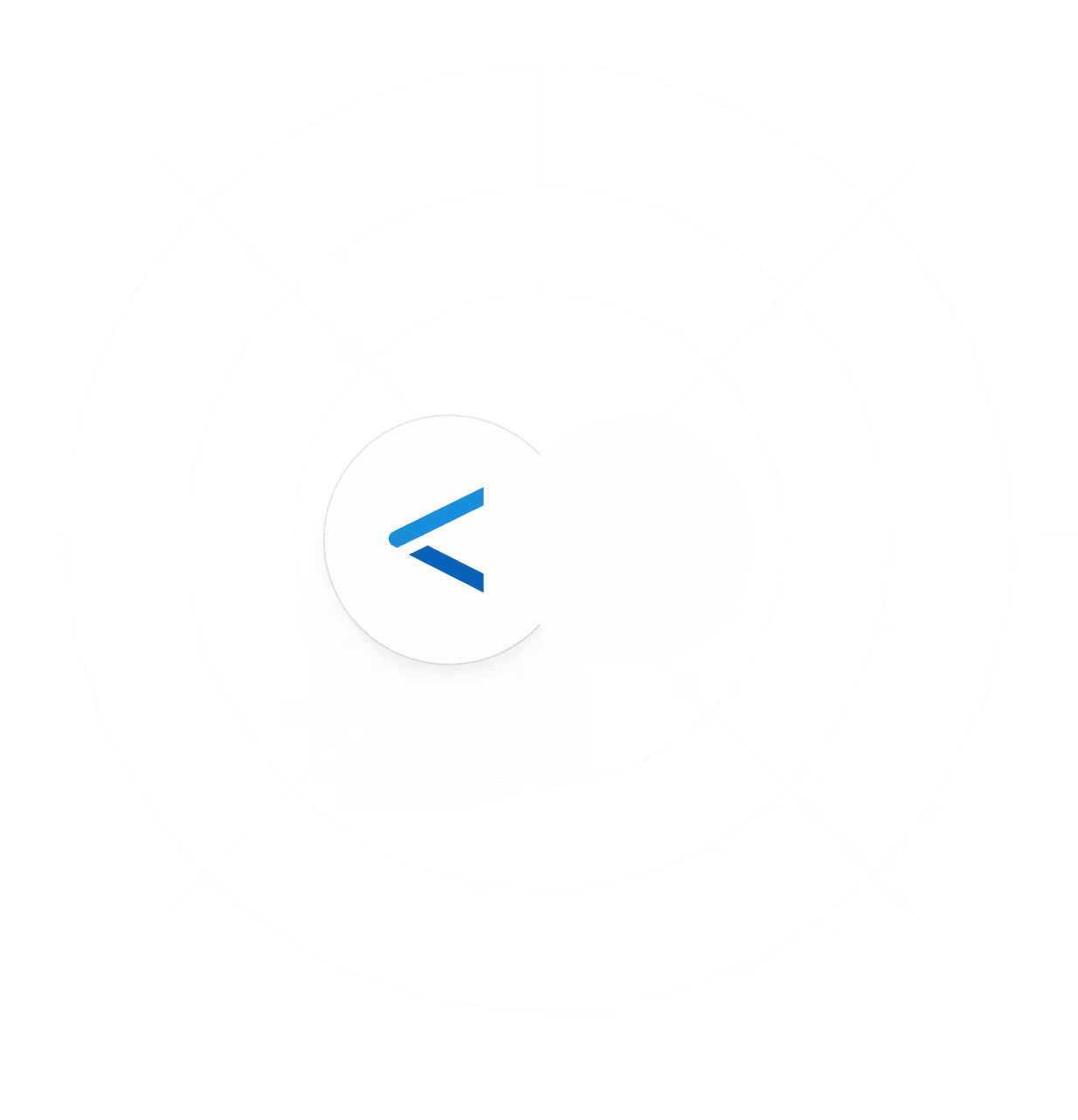 White circular target with concentric rings and crosshairs with a smaller white circle in the center containing a blue less-than symbol.