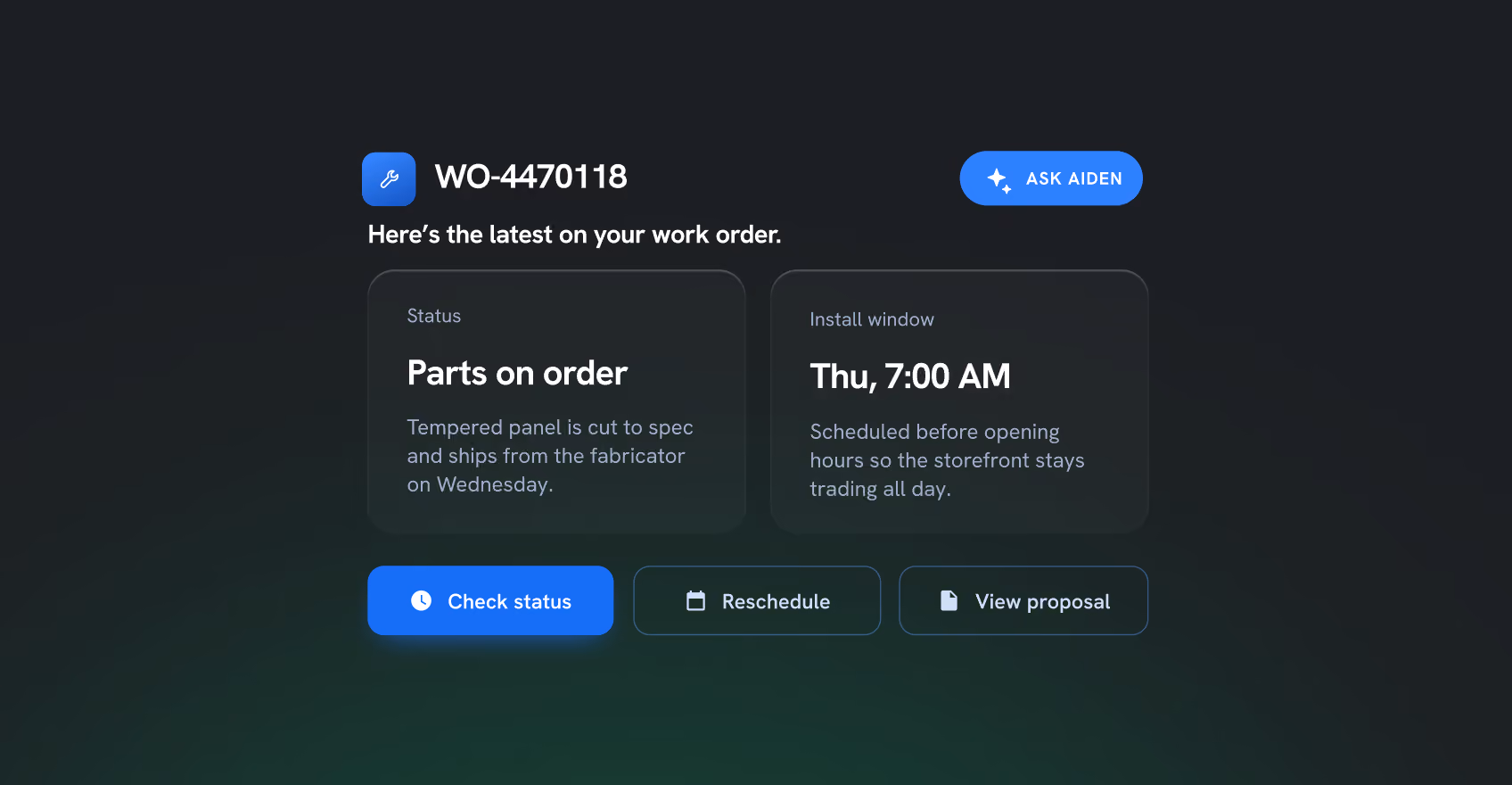 Work order status interface showing WO-4470118 with parts on order and an install window scheduled for Thursday at 7:00 AM, including buttons to check status, reschedule, view proposal, and an Ask Aiden help button.