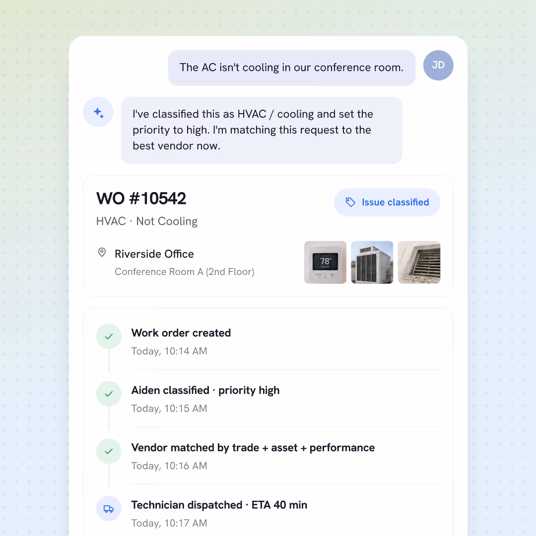 A digital work order interface showing a conversation about an AC not cooling in a Riverside Office conference room, classified as HVAC with high priority. The work order #10542 lists details and images of thermostat and vents, with a timeline of updates: work order created at 10:14 AM, priority set at 10:15 AM, vendor matched at 10:16 AM, and technician dispatched with an ETA of 40 minutes at 10:17 AM.