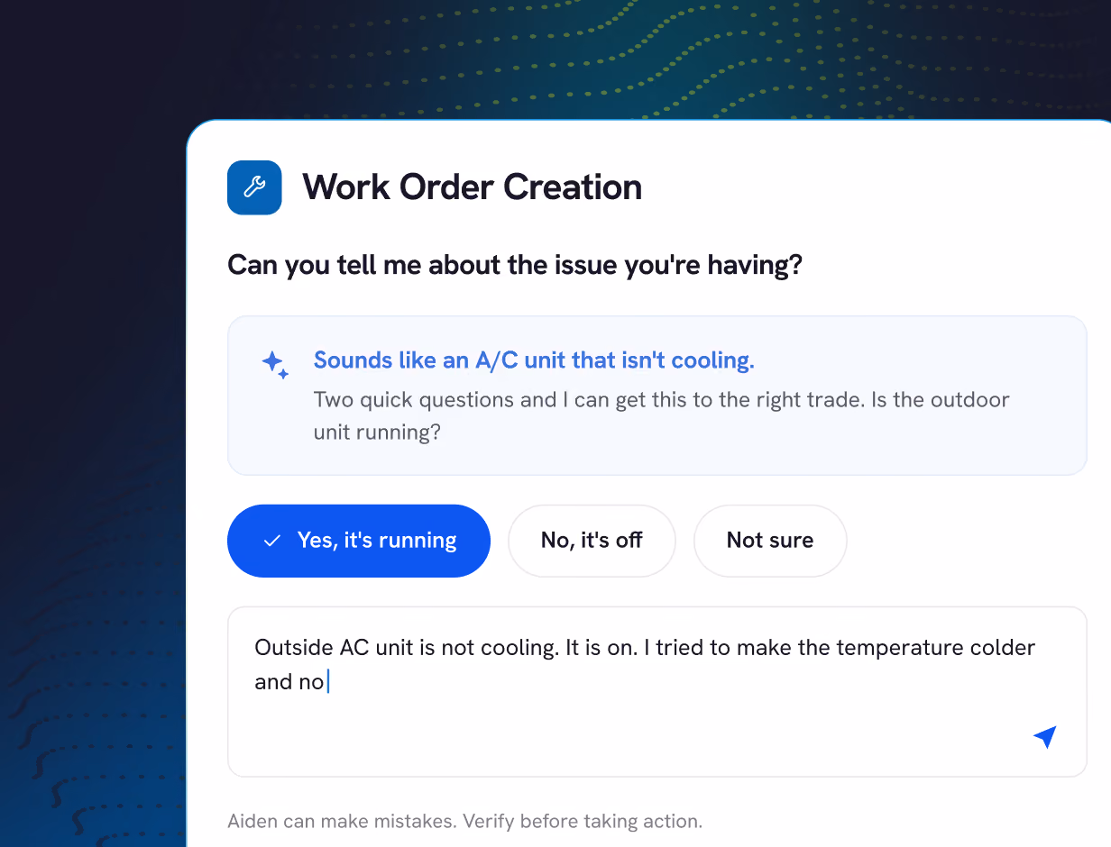 Screenshot of a work order creation interface asking about the issue with an A/C unit. It shows a suggestion that the A/C unit is not cooling and asks if the outdoor unit is running, with the option 'Yes, it's running' selected. A text box below contains a note about the outside AC unit not cooling despite being on and trying to make the temperature colder.