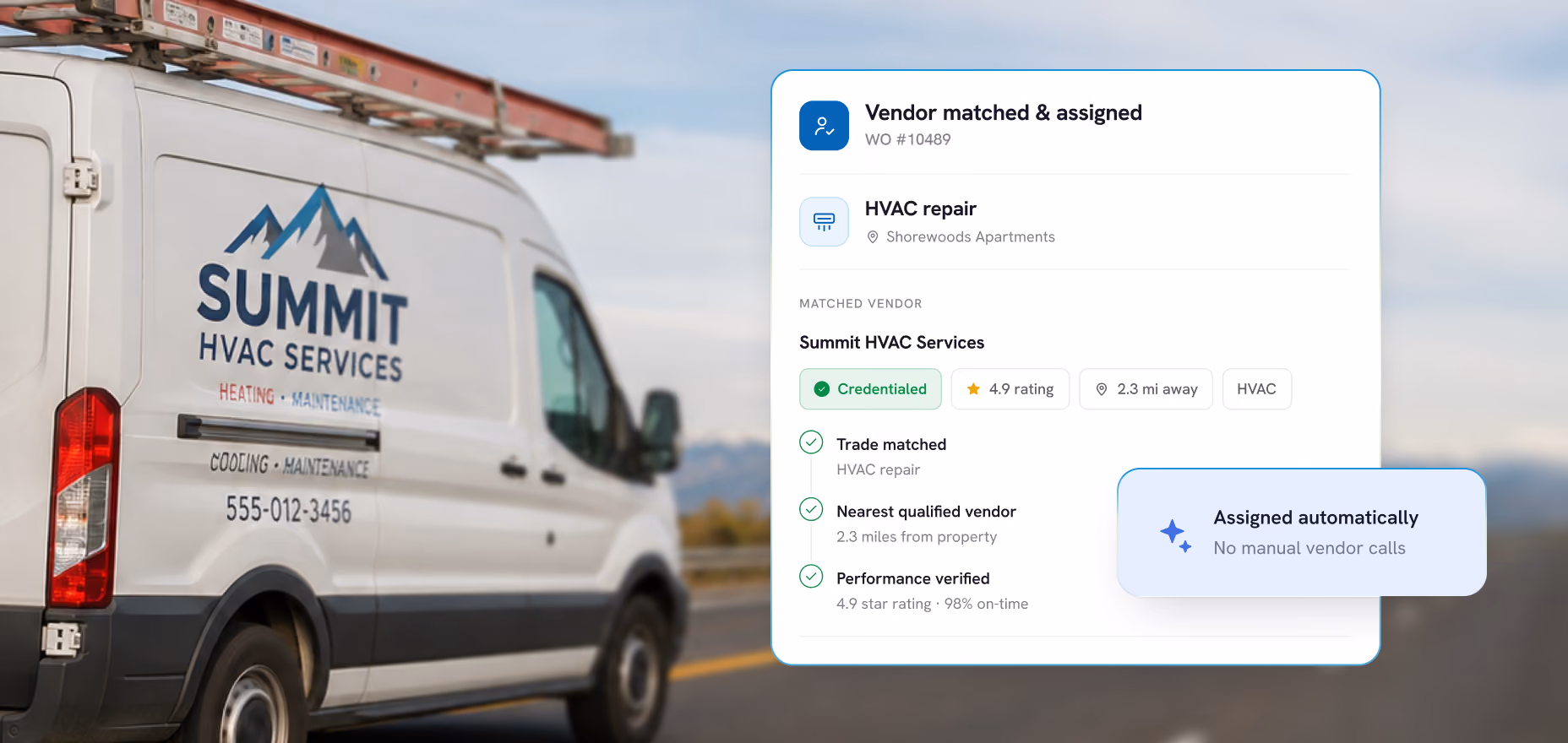 White service van on road with Summit HVAC Services logo, a mountain graphic, and contact number; next to it a digital interface showing a matched vendor for HVAC repair with details including credential status, 4.9-star rating, 2.3 miles distance, and automatic assignment with no manual calls.