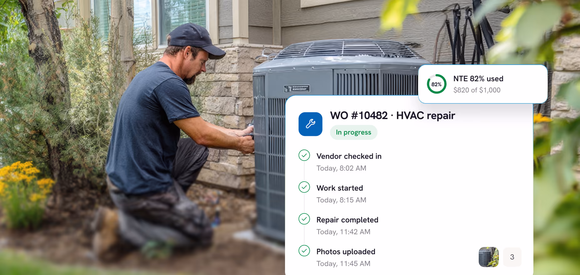 Technician wearing a cap and dark clothes kneeling while repairing an outdoor HVAC unit next to a house, overlaid with a digital work order interface showing HVAC repair progress, vendor check-in, work started, repair completed, photos uploaded, and a usage meter reading 82%.