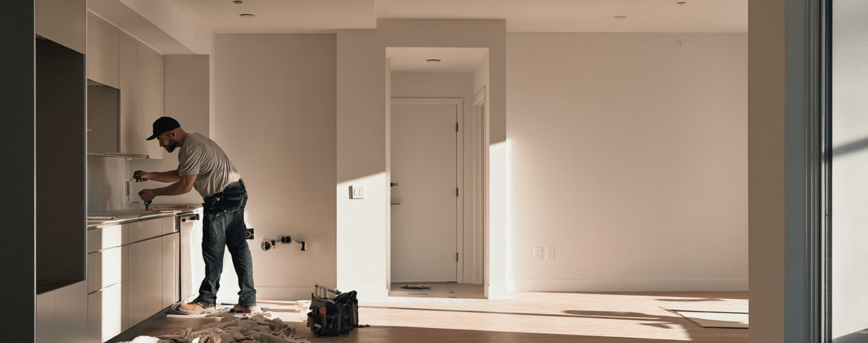 A man wearing a cap and mask works on installing or fixing a kitchen faucet in a modern, empty kitchen with light pouring in through a window.
