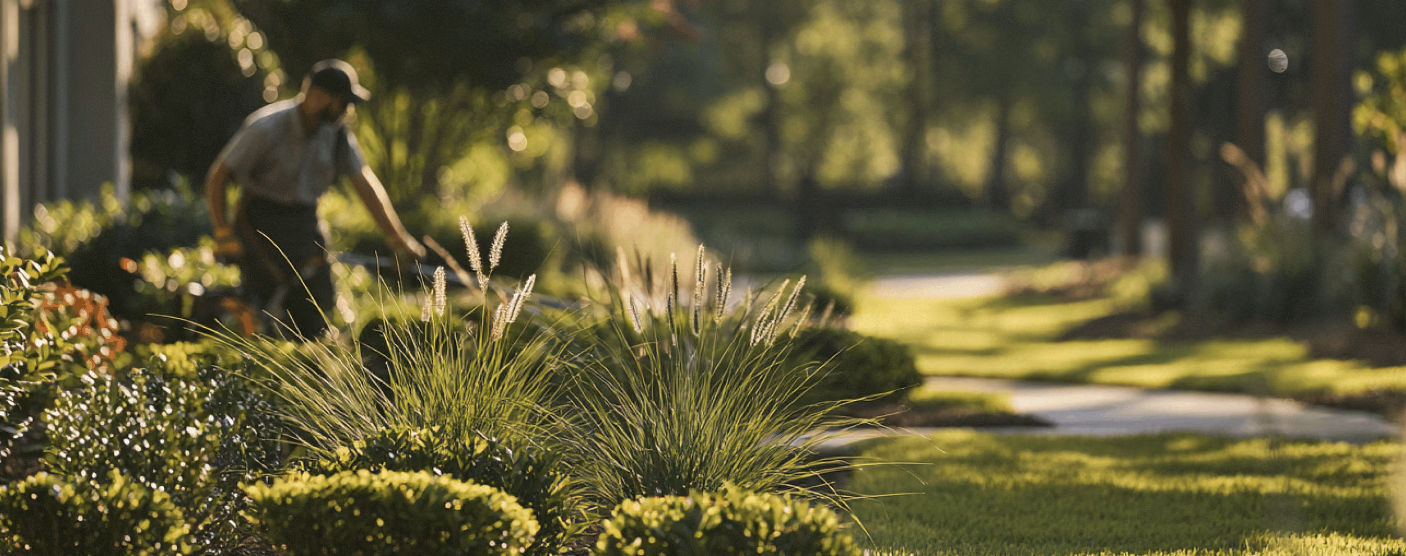 A person wearing a cap tends to plants in a sunlit garden with green grass, shrubs, and tall ornamental grasses.