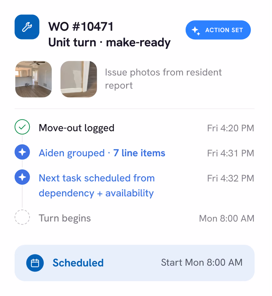 Work order screen showing WO #10471 for unit turn and make-ready with resident issue photos, logged move-out, grouped line items, next task scheduling, and a scheduled start time of Monday 8:00 AM.