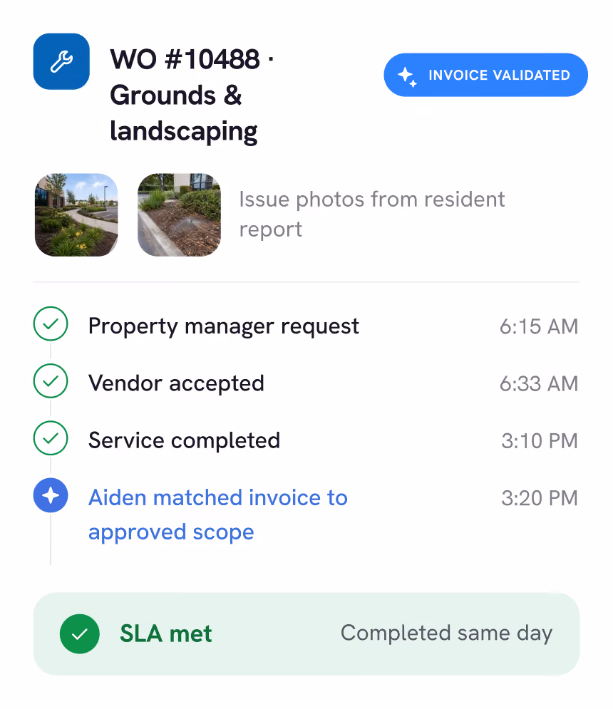 User interface showing work order #10488 for grounds and landscaping with two photos of landscaping areas, status steps with green check marks for property manager request, vendor accepted, service completed, a note that Aiden matched invoice to approved scope, and confirmation that SLA was met with task completed the same day.