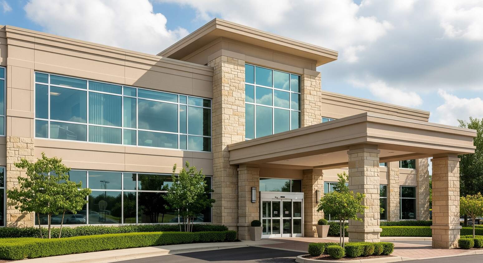 Modern two-story commercial building with beige stone and stucco exterior, large windows reflecting the sky, and an entrance with a covered portico supported by stone pillars, surrounded by neatly trimmed bushes and small trees under a partly cloudy sky.