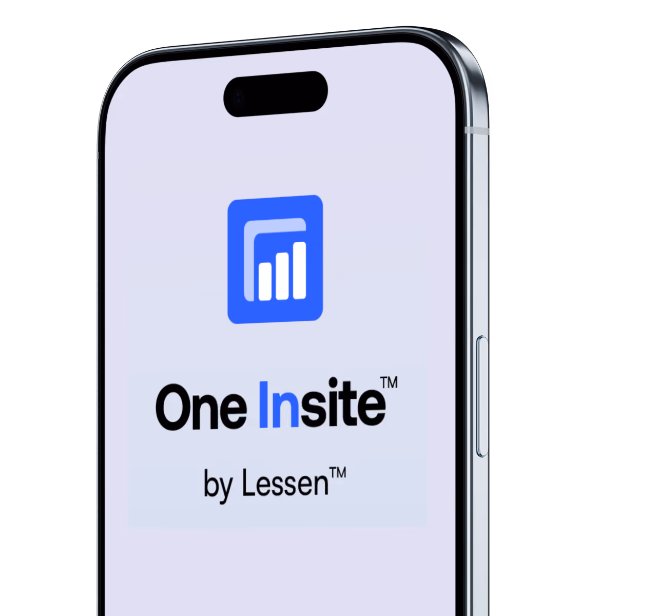 Smartphone screen displaying the One Insite app logo with a blue icon featuring bar chart and the text 'One Insite by Lessen'.