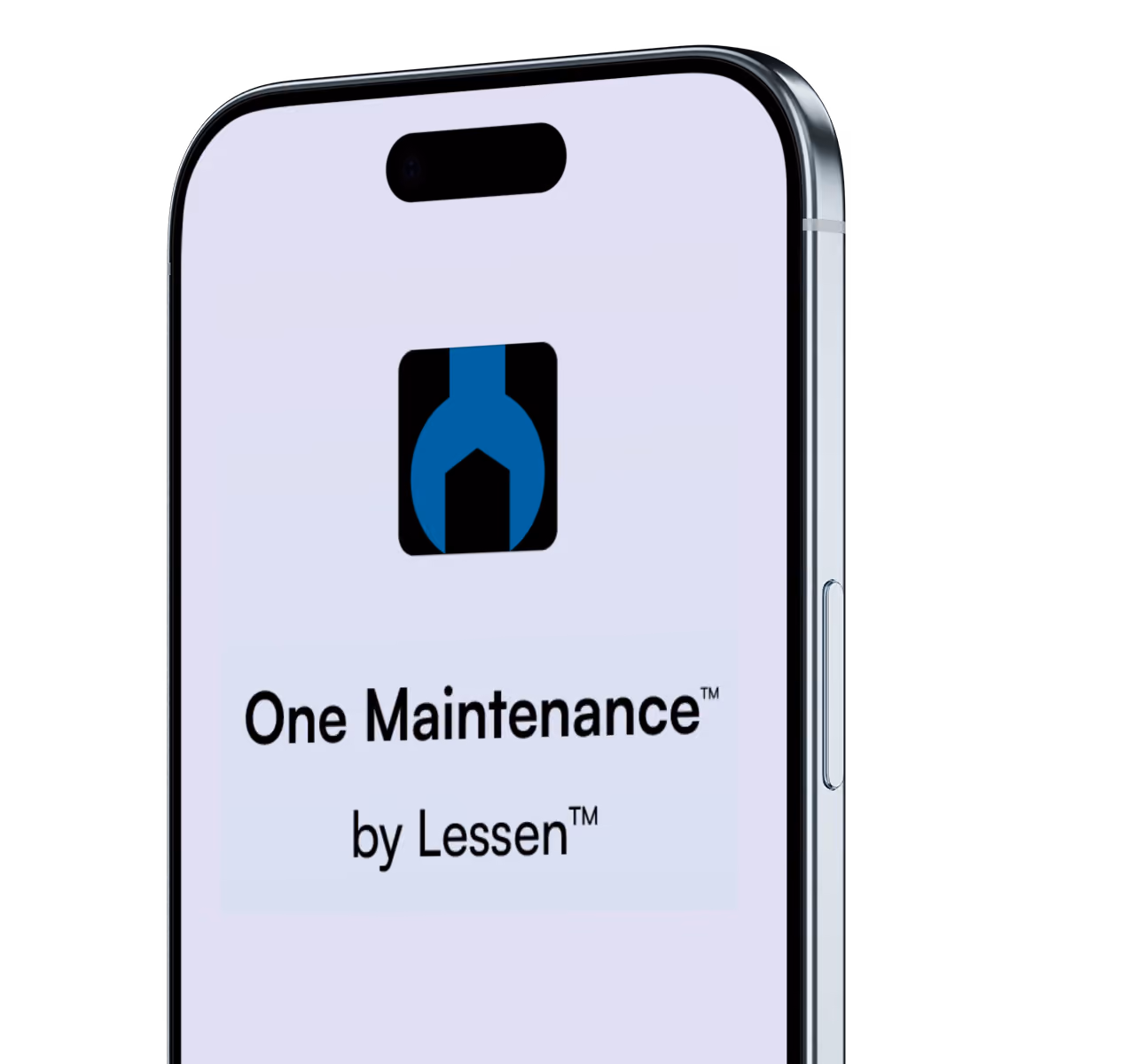 Smartphone displaying a screen with a blue wrench icon above the text 'One Maintenance by Lessen'.