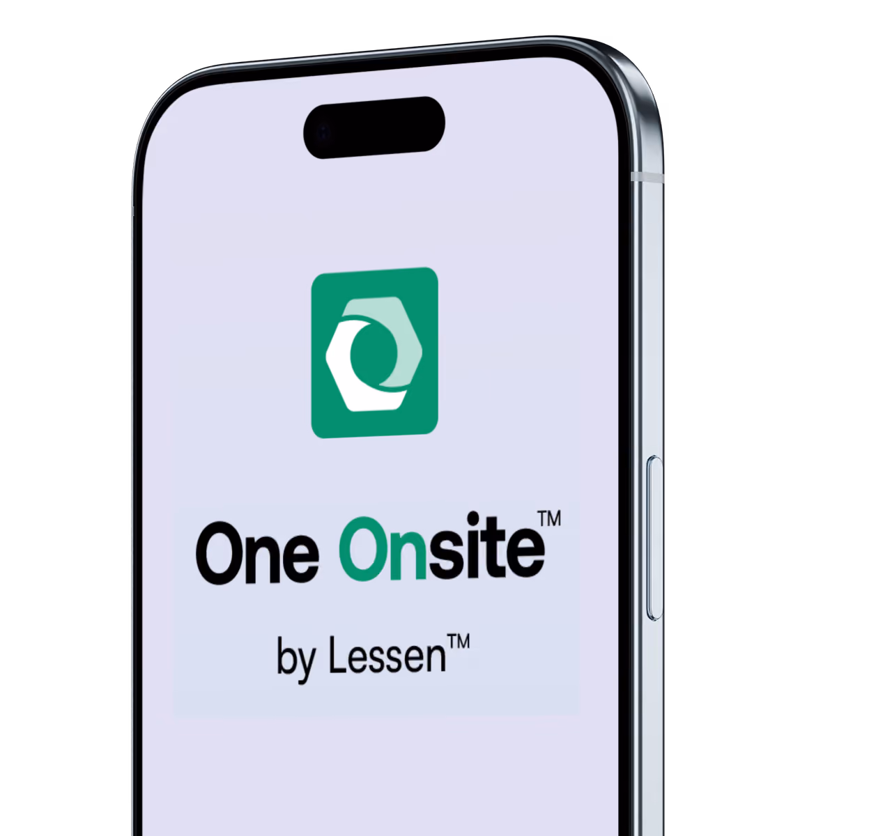 Smartphone screen showing the One Onsite by Lessen app logo with a green hexagonal icon above the text.