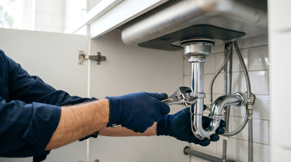 A person wearing blue gloves and a dark blue shirt using an adjustable wrench to tighten or loosen a chrome plumbing pipe under a kitchen sink.