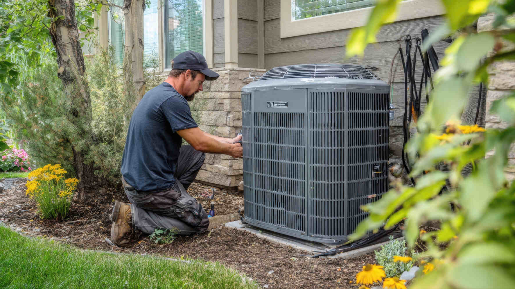 A technician kneeling beside an outdoor HVAC unit installed next to a house, surrounded by garden plants and flowers.