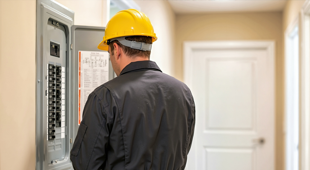 Electrician wearing a yellow hard hat and dark work uniform inspecting a residential electrical panel inside a hallway with beige walls and white doors.